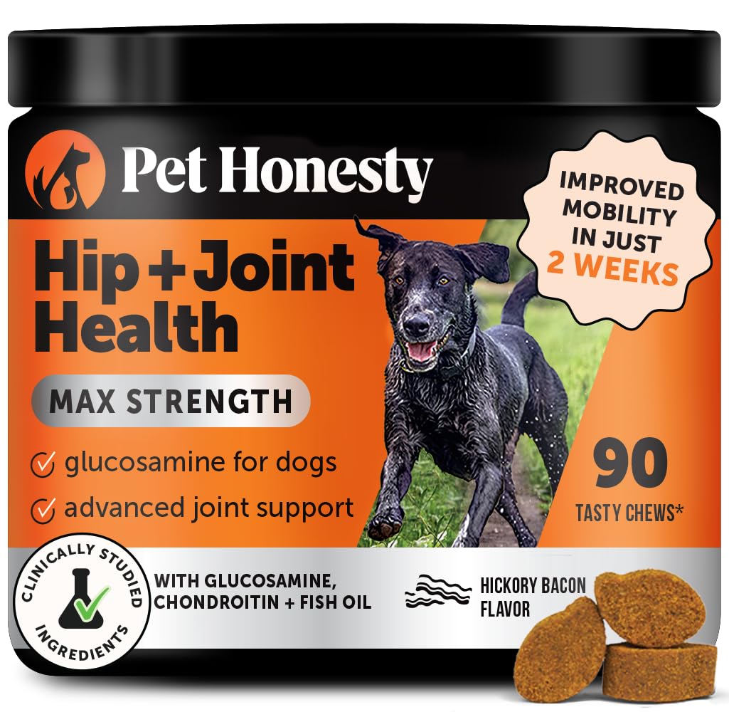 Pet Honesty Hip & Joint Health Max Strength – Dog Joint Support Chews with Glucosamine Chondroitin & Omega-3s – Joint Supplement for Dogs to Support Mobility, Flexibility & Comfort – Bacon (90 ct)