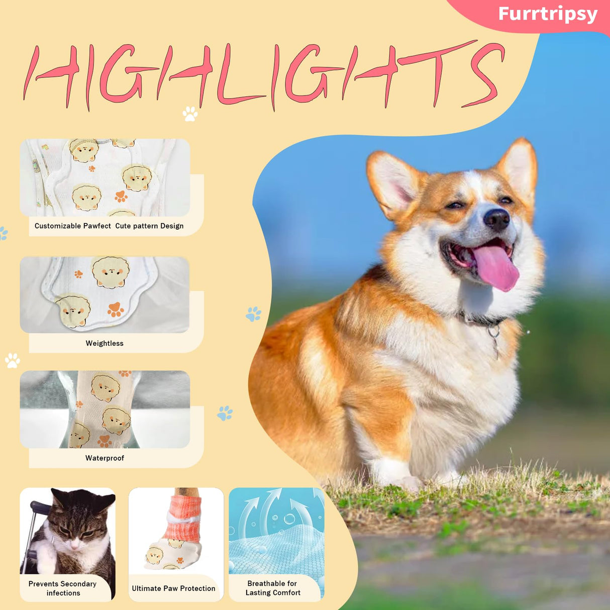 Furrtripsy Disposable Dog Booties for Dog Cats,32Pcs Pet Booties Waterproof and Breathable with Adjustable Bandage,Paw Socks Protector for Small Medium Large Dogs(S,Paw Width:1.18~1.77in)