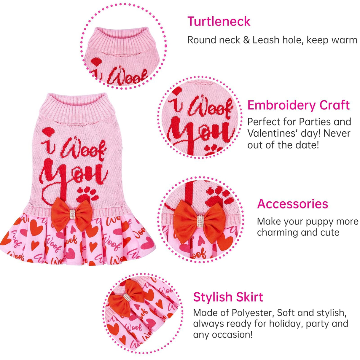 CuteBone Pink Dog Sweater Dress I WOOF You Pet Sweater Sweaters for Small Dogs with Bowtie Pullover Pupply Clothes Cats Clothes for Valentine's Day