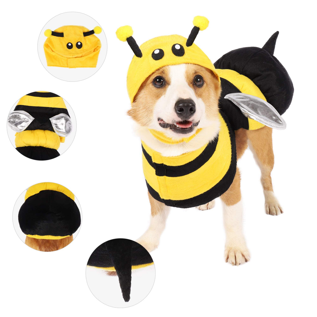 Spooktacular Creations Pet Dog Bee Costume with 3D Bee Hat, Silver Wings for Halloween Dress-up Party, Role Play, Carnival Cosplay, Holiday Decorations Clothes (X-Large)