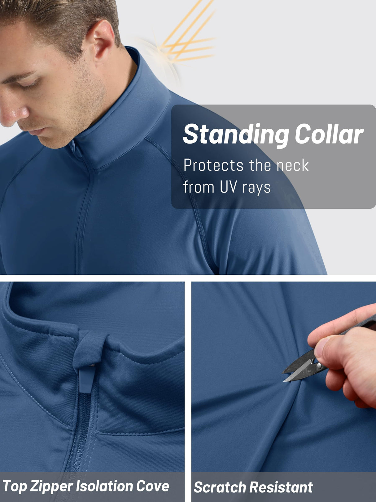 TACVASEN Sun Protection Shirts for Men Long Sleeve 1/4 Zip Outdoor Athletic Performance Workout Shirt for Men Quick Dry Fit Sports Shirts Blue Grey M