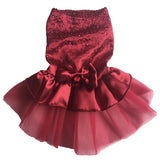 Vedem Pet Small Dog Princess Rhinestone Satin T-Shirt Dress Wedding Tutu Voile Dress (L, Burgundy)