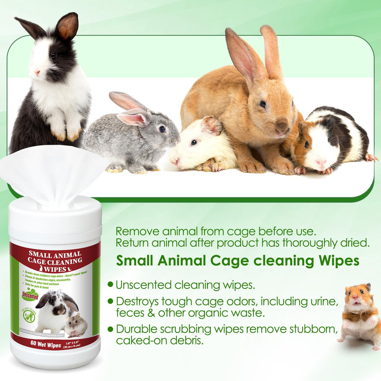 Yeyeplum 2 Pack Small Animal Cage Wipes 120 Count Small Animal Cage Clean up Wipes Removes Stubborn Caked-on Hamster Cage Cleaner for Pet Bunny Supplies Cleaning Deodorizing