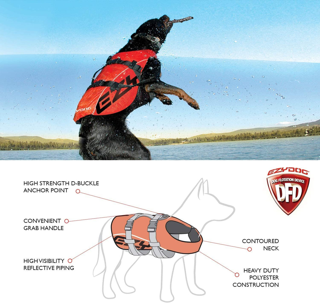 Ezydog DFD Dog Life Jacket - Adjustable Swimming Safety Vest with Reflective Trim & Durable Grab Handle - 50% More Flotation Material - X-Large, Red