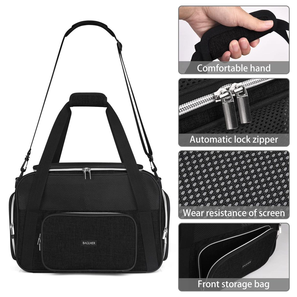 BAGLHER Pet Travel Carrier, Cat Carriers Dog Carrier for Small Medium Cats Dogs Puppies, Airline Approved Small Dog Carrier Soft Sided, Collapsible Puppy Carrier. Black