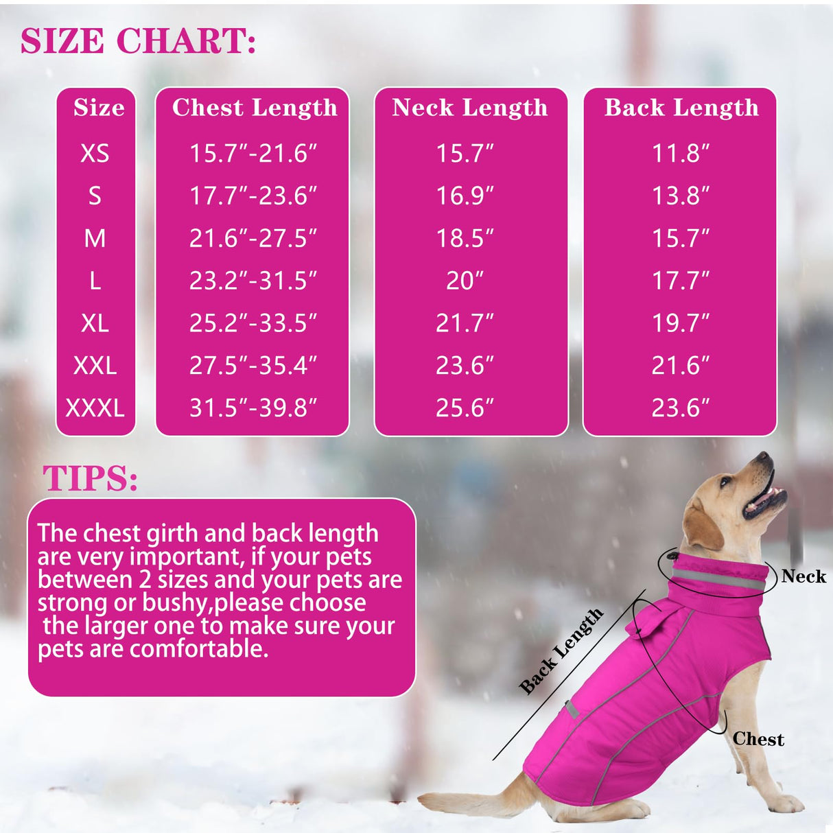 Doglay Waterproof Dog Coat, Reflective Dog Winter Jacket with Pocket & Turtleneck, Warm Puppy Snow Jacket for Small Medium Large Dogs - Pink, XL