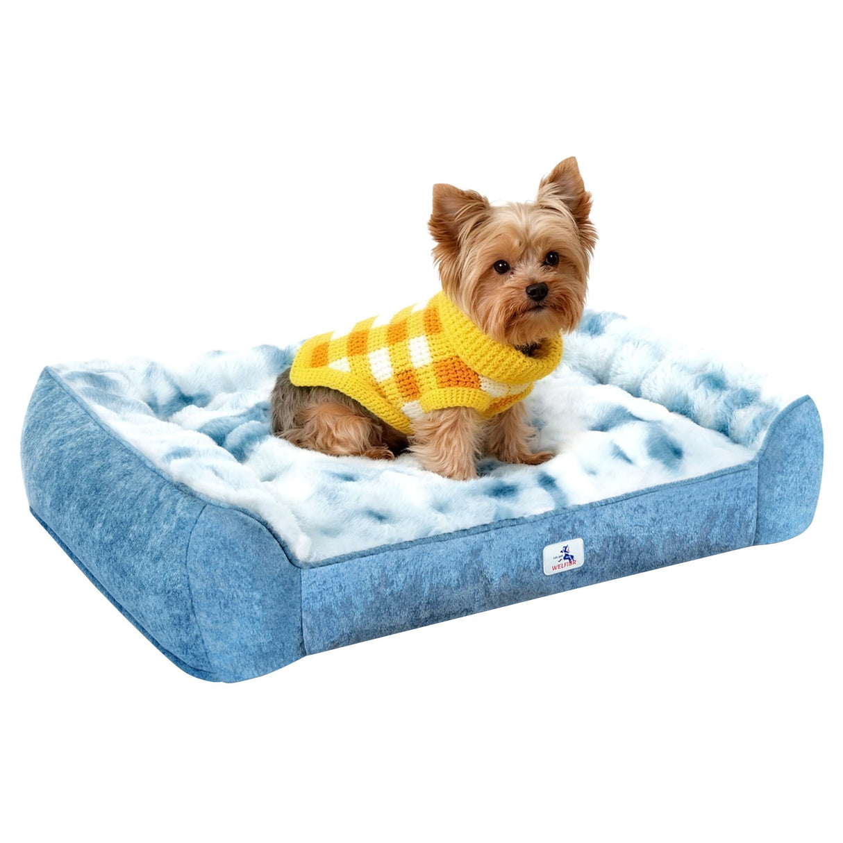 Welfibr Dog Bed with Shredded Foam Filling, 35" *25" Calming Pet Sofa with Removable Washable Cover, Soft Faux Fur Bolster Couch for Dogs, Anti-Slip Bottom (Tie-Dyed Blue, Small)