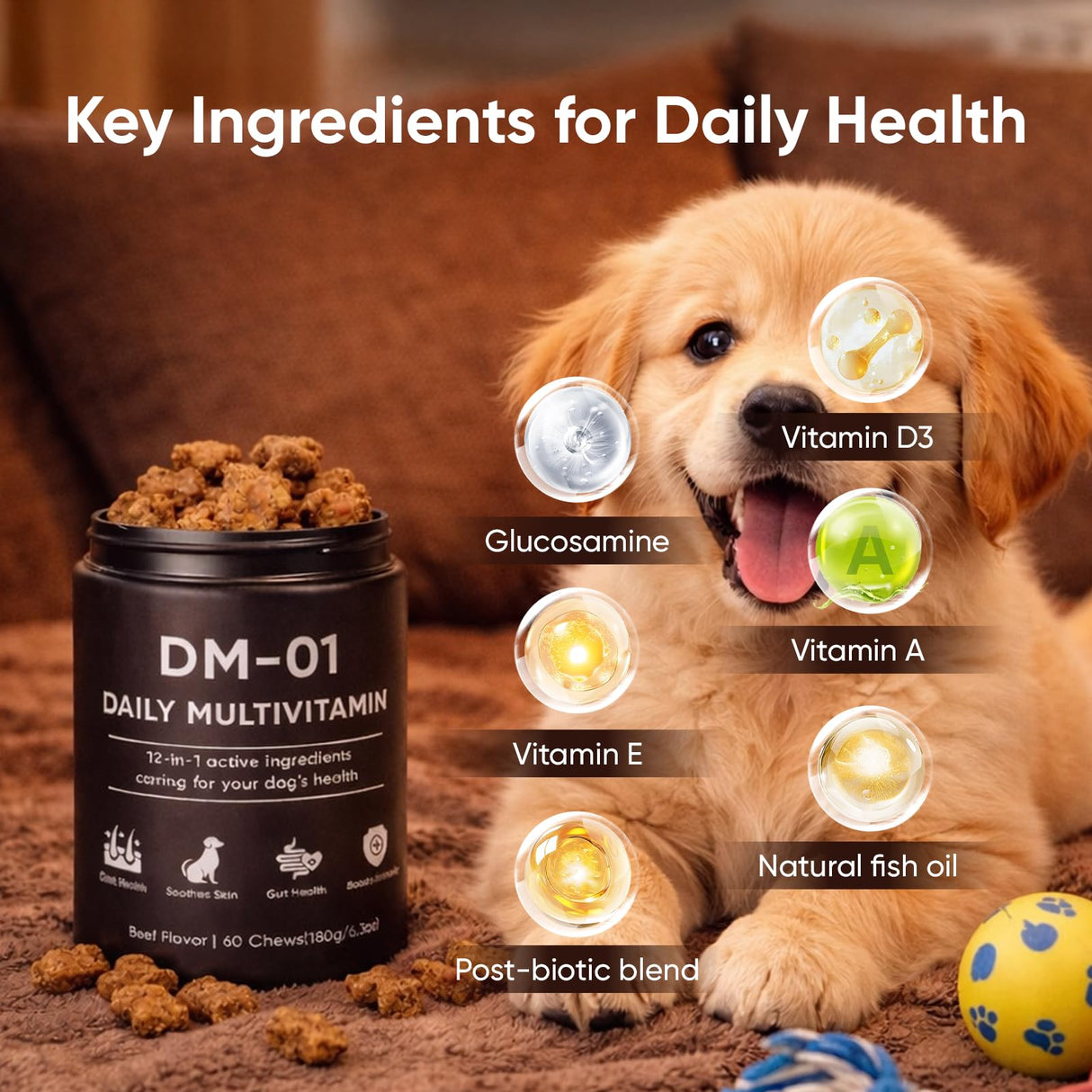DM-01 Daily Multivitamin, Multivitamin Itch Relief Chews for Dog, Made with 12 Active Ingredients for Hip & Joint, Digestive & Boost Immunity, 60 Chew