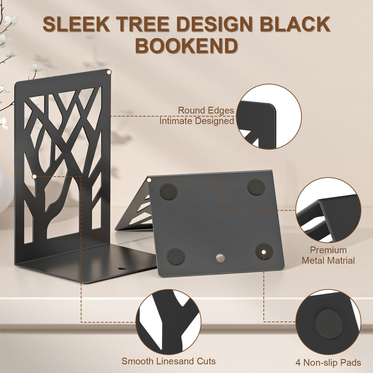 VFINE 4-Piece Modern Metal Bookends for Shelves, Black Tree Book Ends for Books, Decorative Book Organizer for Desk, Non-Skid Shelve Bookends for Home Office