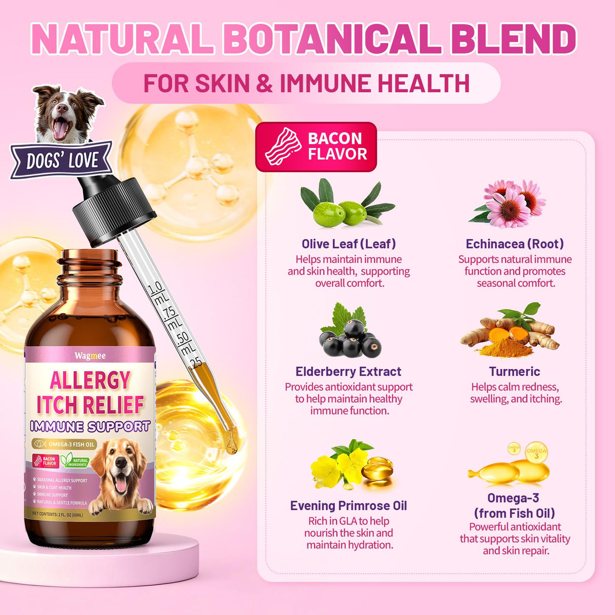 Wagmee Allergy Relief Drops for Dogs, Dog Itchy Skin Relief with Fish Oil, Omega-3, Turmeric & Natural Anti Itch for Dogs Ears & Paw Relief - Dog Seasonal Allergies, Skin & Coat Immune Supplement