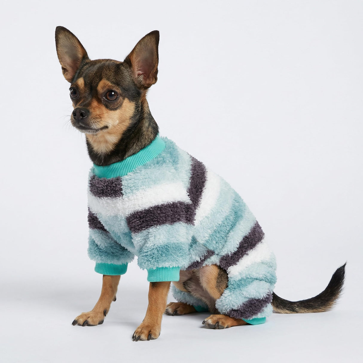Fitwarm Fuzzy Striped Dog Fleece Pajamas, Warm Winter Clothes for Small Dogs Boy Girl, Cozy Pet Onesie with Feet, Light Sea Green, Black, White, XL
