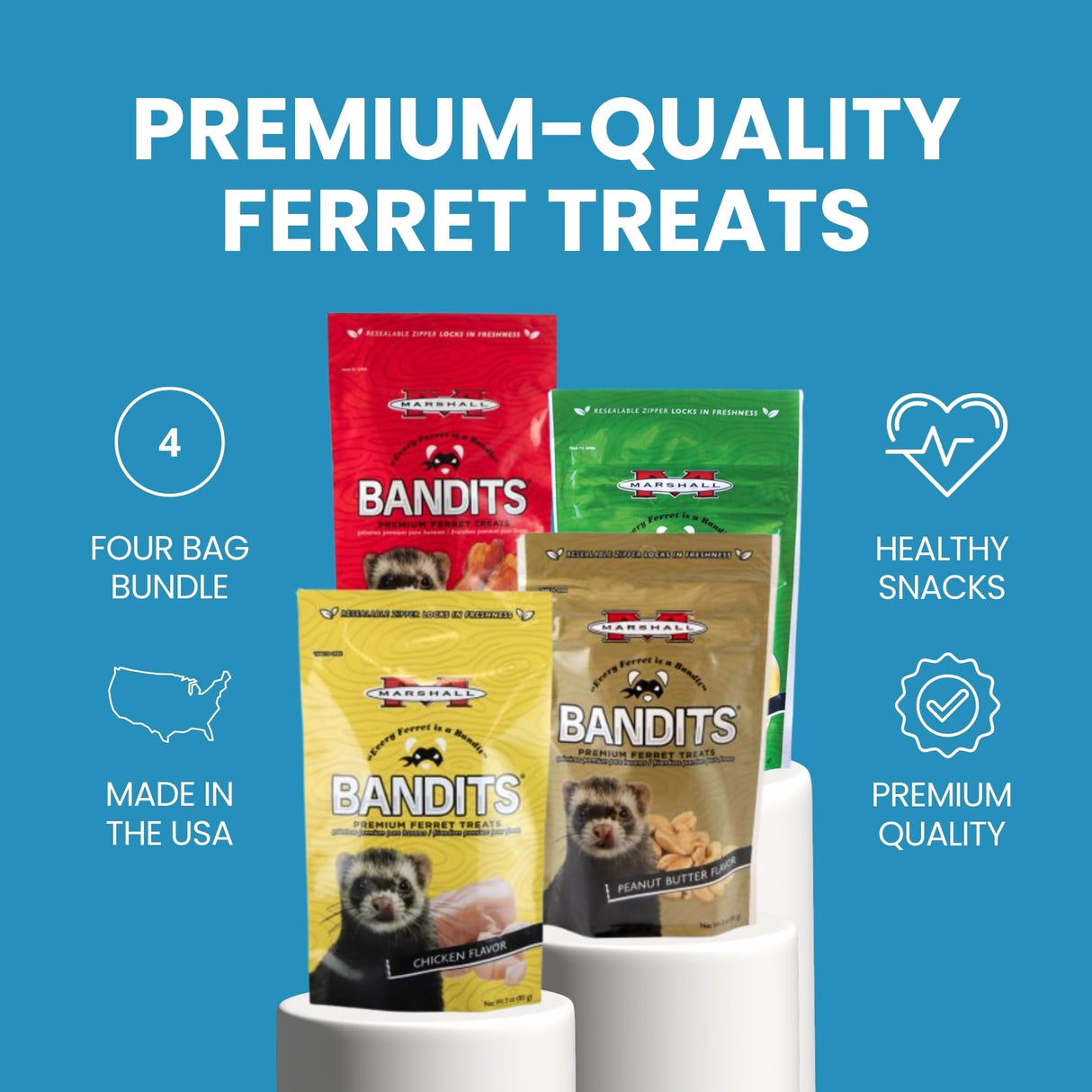 Marshall Bandits Ferret Treats Variety Pack – 4 x 3 oz Each – Chicken, Banana, Bacon & Peanut Butter Flavors – Includes 2 Squeaky Toys for Enrichment & Fun