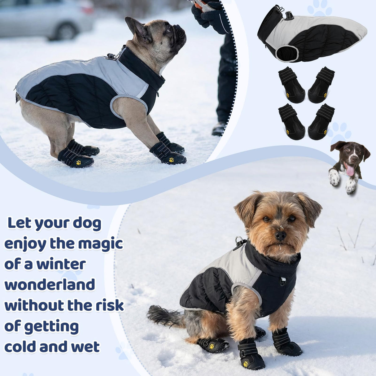 Thinkday Dog Coat and Boots Set for Weighing 23-35lbs, Waterproof Winter Jacket Paw Protectors with Harness Leash Hole, Reflective Vest, Snowsuit Coats, Rugged Anti Slip Dog Shoes Cold(Black, L)