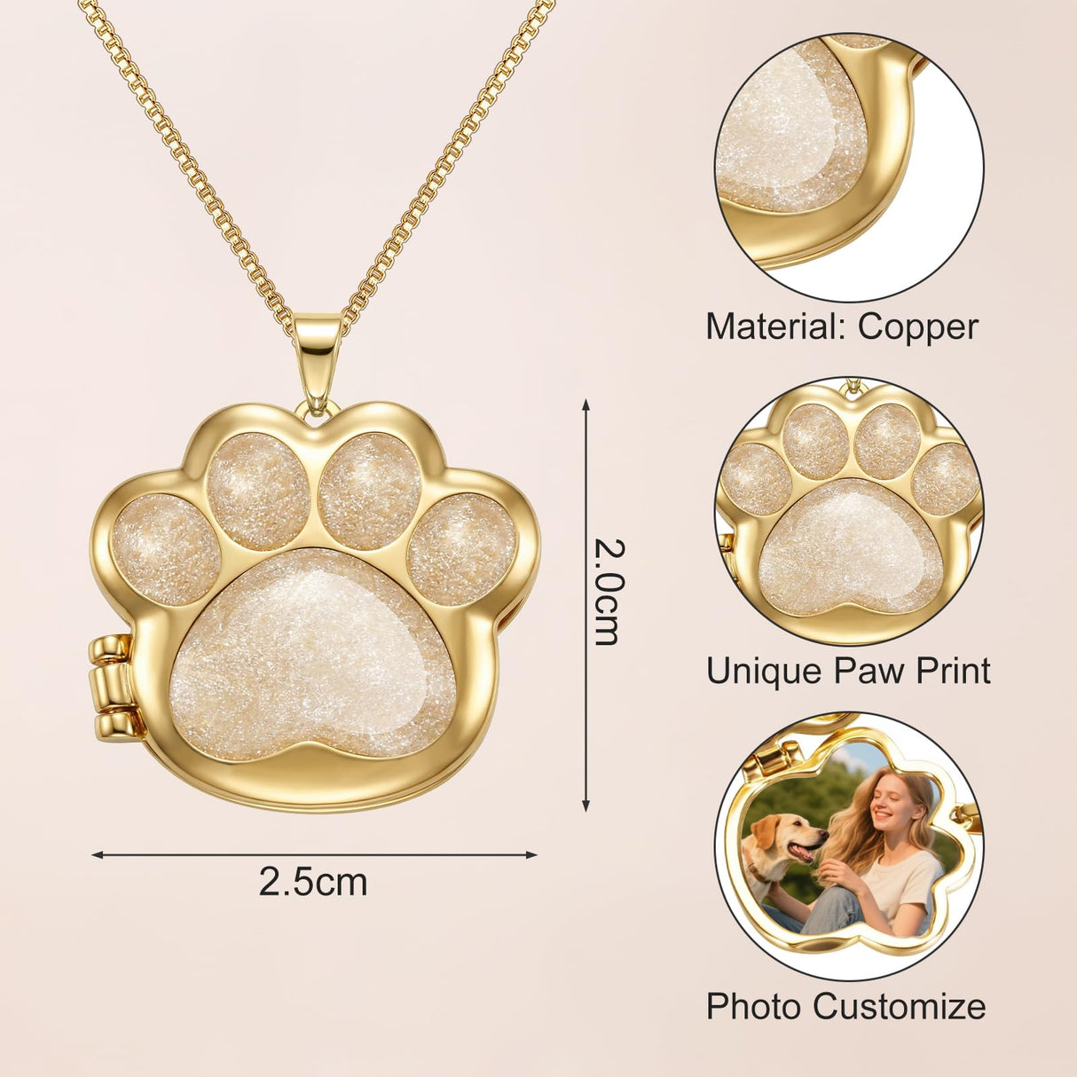 KAGREC Customize Pet Paw Print Locket Necklace for Women Men Personalize Paw Memorial Necklace for Dog Cat Pet for Memorial Gift-Gold White