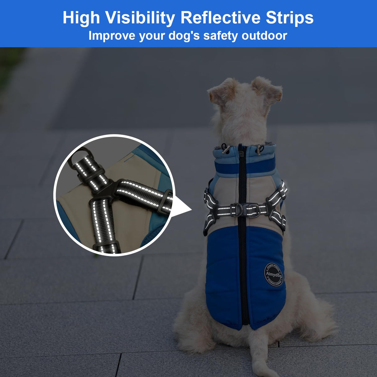 AIMYDOG Winter Coat, Waterproof Jacket, Warm Turtleneck Fleece Vest With Built-in Harness, Reflective Snow Jacket Snowsuit for Small Medium Large Dogs, Blue M