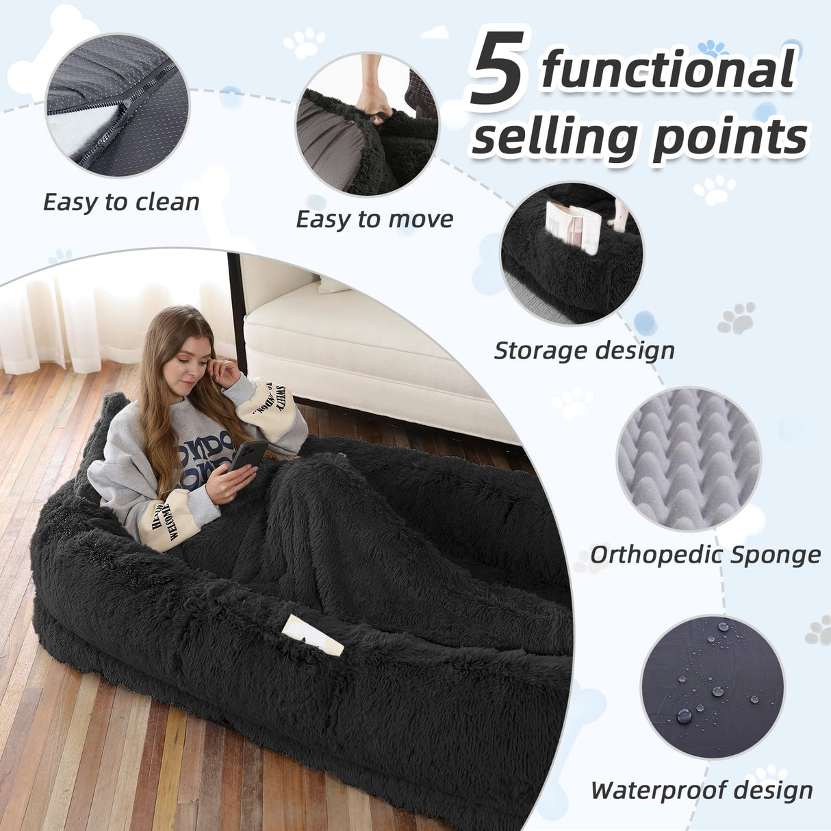 Human Dog Bed, 71''x45''x12'' Size Fits You and Pets, Washable Faux Fur Pet Bed for People Doze Off, Napping Orthopedic Dog Bed, Present Plump Pillow, Blanket, Strap - Black