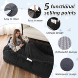 Human Dog Bed, 71''x45''x12'' Size Fits You and Pets, Washable Faux Fur Pet Bed for People Doze Off, Napping Orthopedic Dog Bed, Present Plump Pillow, Blanket, Strap - Black