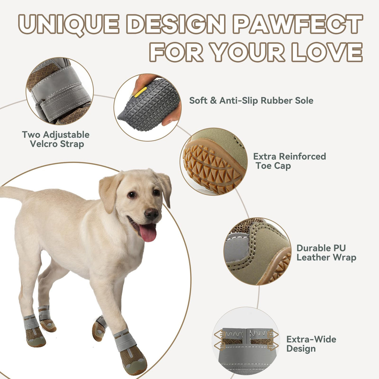 Furrtripsy Dog Booties,Waterproof Dog Shoes for Large Medium Small Dogs,Suitable for Summer Hot Pavement,Adjustable Non-Slip Rubber Paw Protector (Brown, #7 (Width 2.8 inch) for 63-78 lbs)