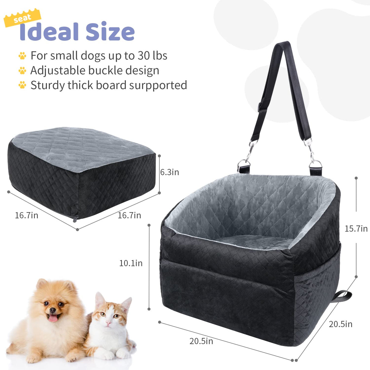 Dog Car Seat for Small/Medium Dogs, Upgrade Dog Booster Seat,Detachable and Washable Pet Car Seats with Thick Cushion Safety Leash and Storage Pockets(Black/Grey)