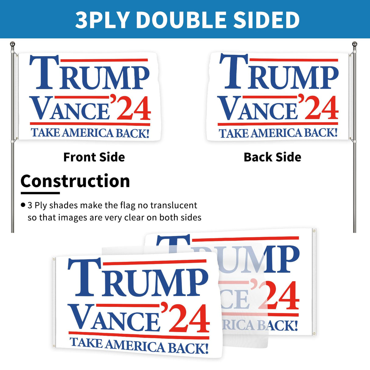 Probsin Trump Vance 2024 Flag 3x5 Ft Double Sided Trump Vance'24 Take America Back Flag Banner Party Supplies Home Decor Hanging Poster for College Room Man Cave Welcome Photo Backdrop (White)
