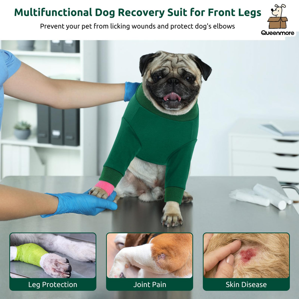 Queenmore Dog Recovery Suit for Front Legs, Adjustable Dog Leg Sleeves to Stop Licking, Breathable Recovery Sleeve for Large Breeds, Wound Care for Pets, Green, L