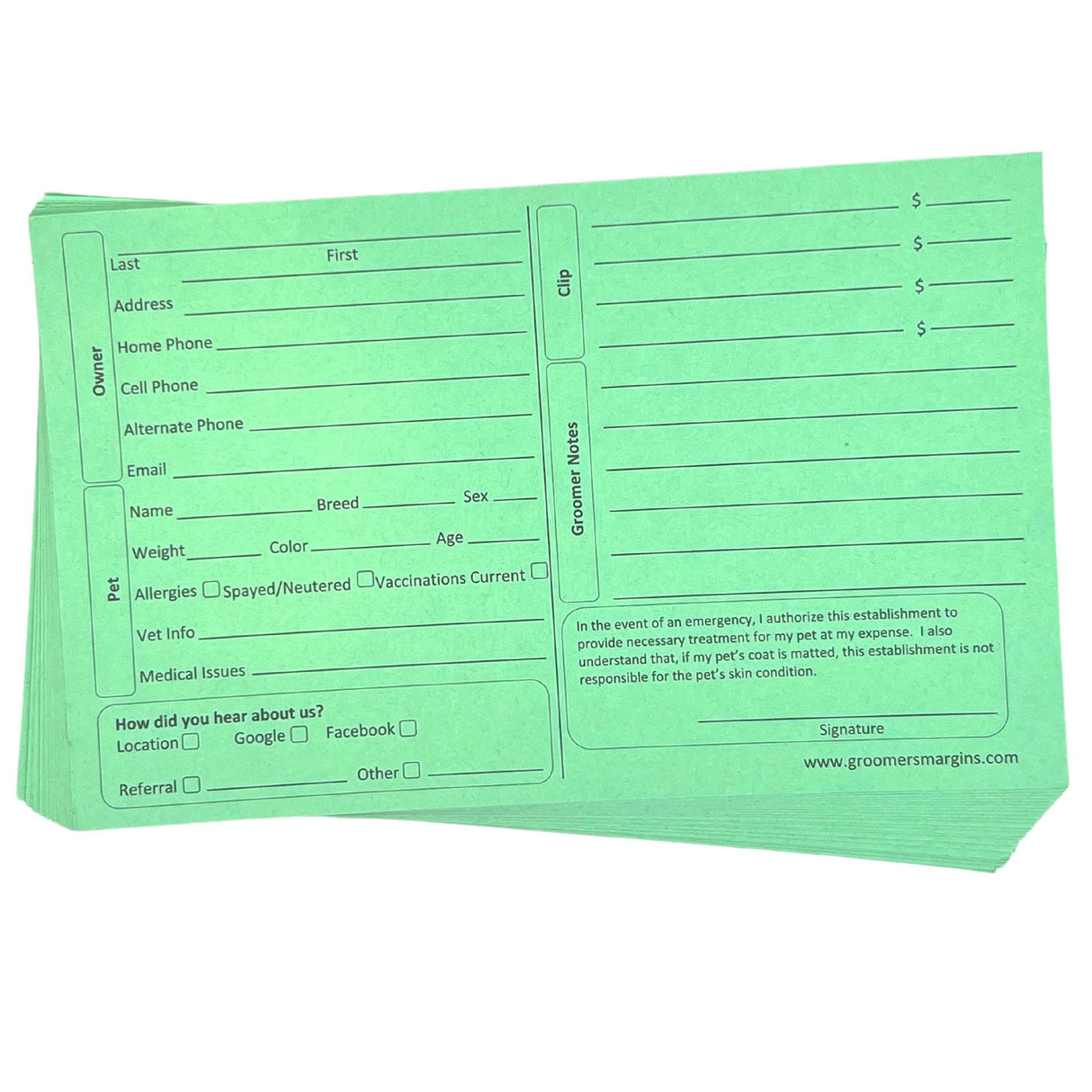 100 Green Dog Grooming Client Cards 5X8 Inch Client Profile Cards Dog Grooming Salon Must Haves for Pet Kennel Records, Groomer Customer Information Cards, Professional Pet Grooming Supplies