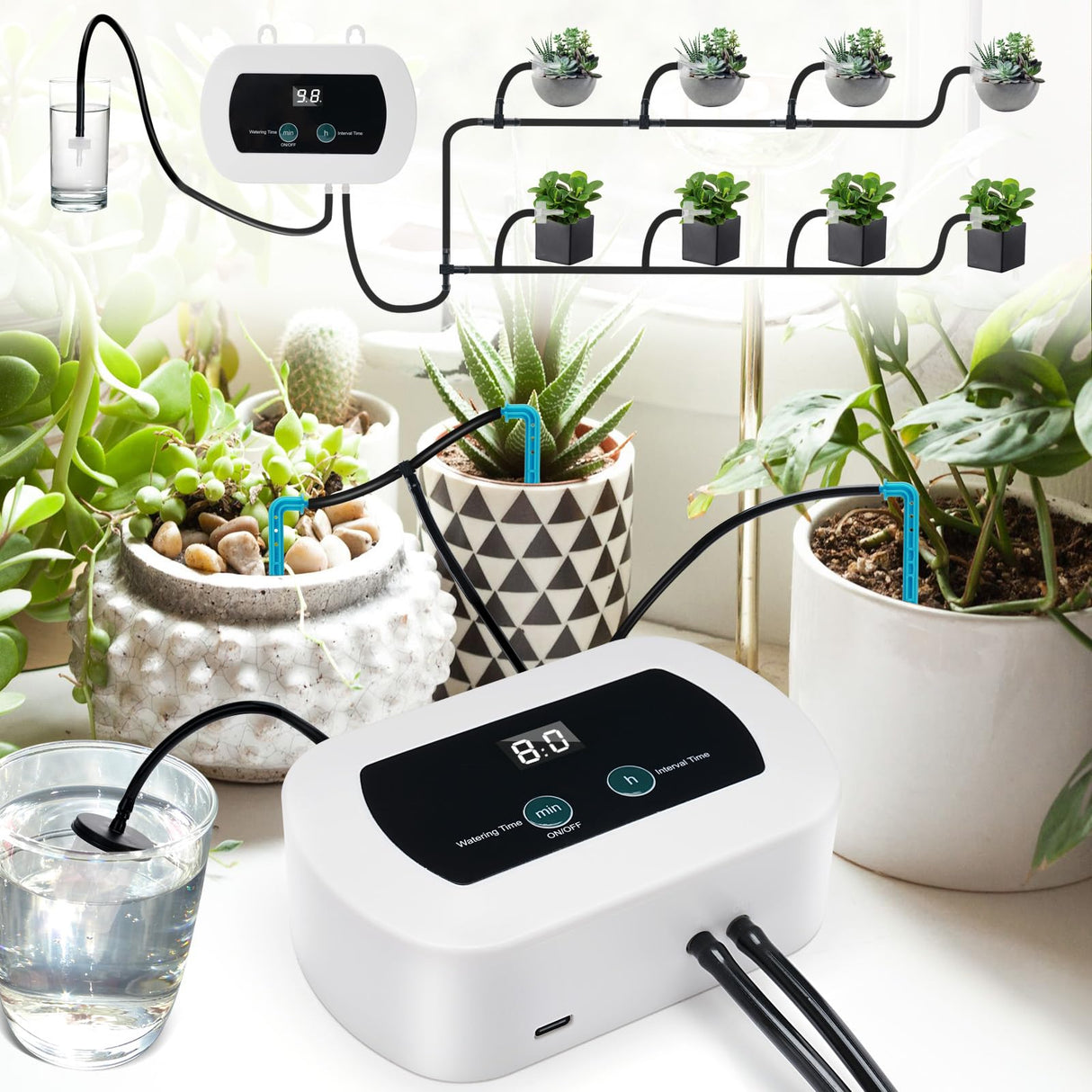 Automatic Watering System for Potted Plants, Indoor Garden Watering System Drip Irrigation Kits Saving Water Drip Irrigation System with Timer 33 FT Hose for Garden Rooms Balcony Indoor Plant
