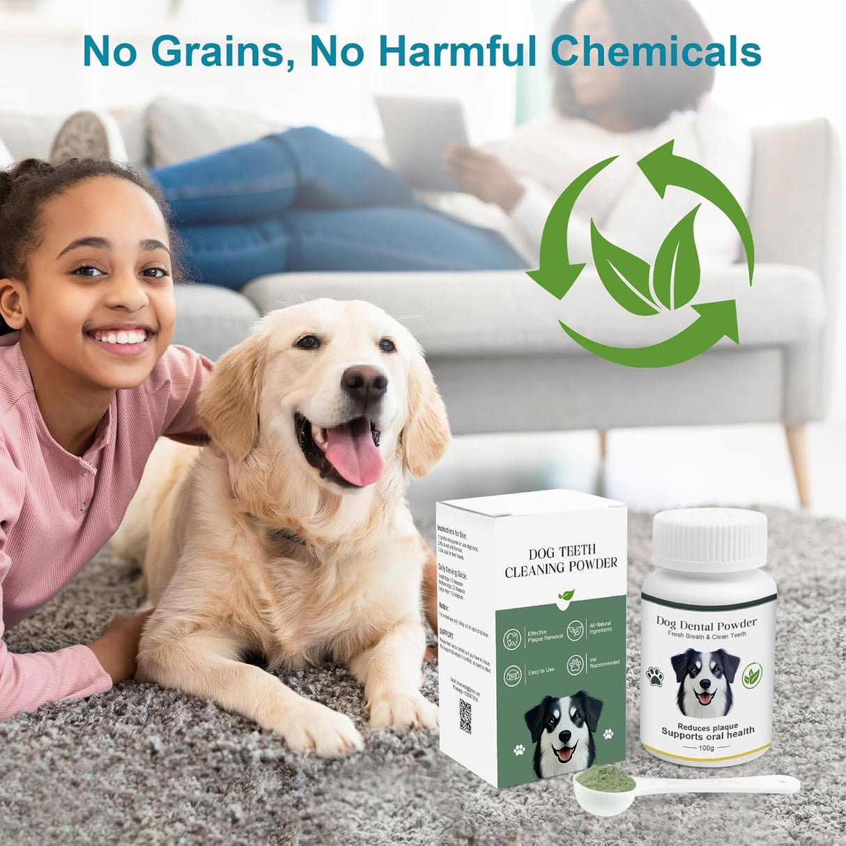 ELEVTC Dog Teeth Cleaning Powder 100g Fights Plaque & Tartar Freshens Breath All-Natural Ingredients for Dogs of All Breeds and Ages Easy to Use Dog Dental Powder