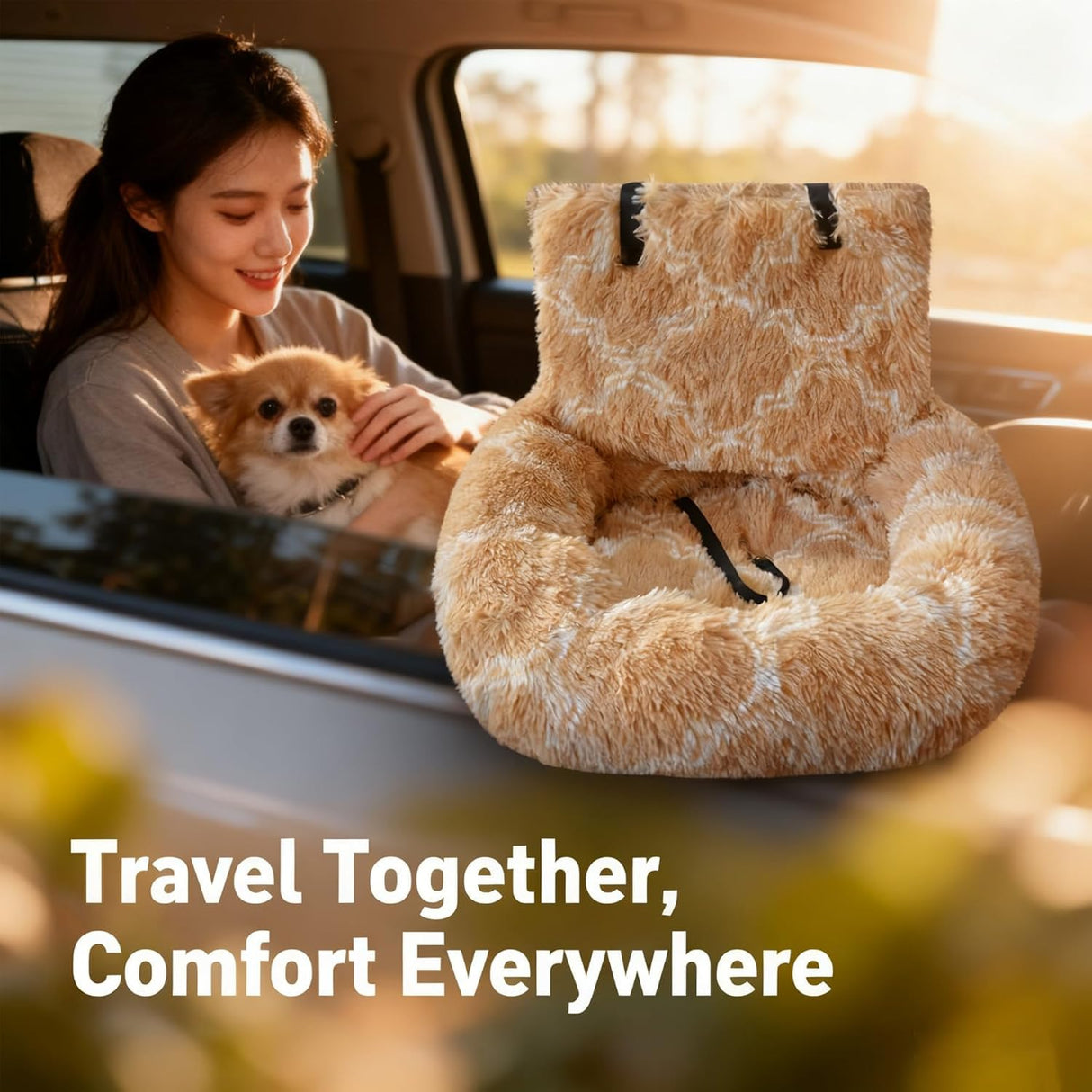 Luxurious Car Bed Travel Safety Kit, Ultra Soft Comfort Calming Dog Bed for Car Seat, Portable Washable Durable Plush Pet Cushion for Small Medium Dogs Cats (Dark Gray,23.6 * 27.5in)