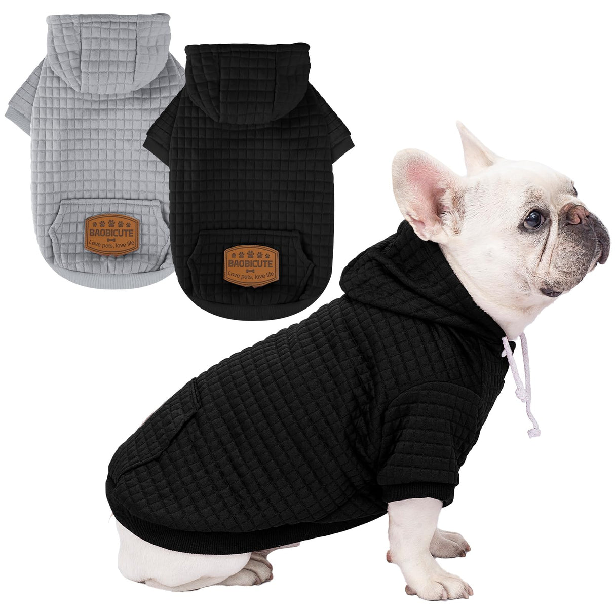 2 Pack Dog Hoodie Sweaters for Small Medium Dogs Warm Dog Clothes for Large Dogs Soft Waffle-Like Laminated Sweatshirt Bulldog (Black+Grey, M/L (Back: 17",Chest: 24.5", Neck: 14.5"))