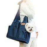 QOHAK Dog Carrier Purse Premium Denim Dog Soft Sided Carriers Bag Pet Travel Tote Bag with Pockets for Cat and Small Dog (Medium, Dark Blue)