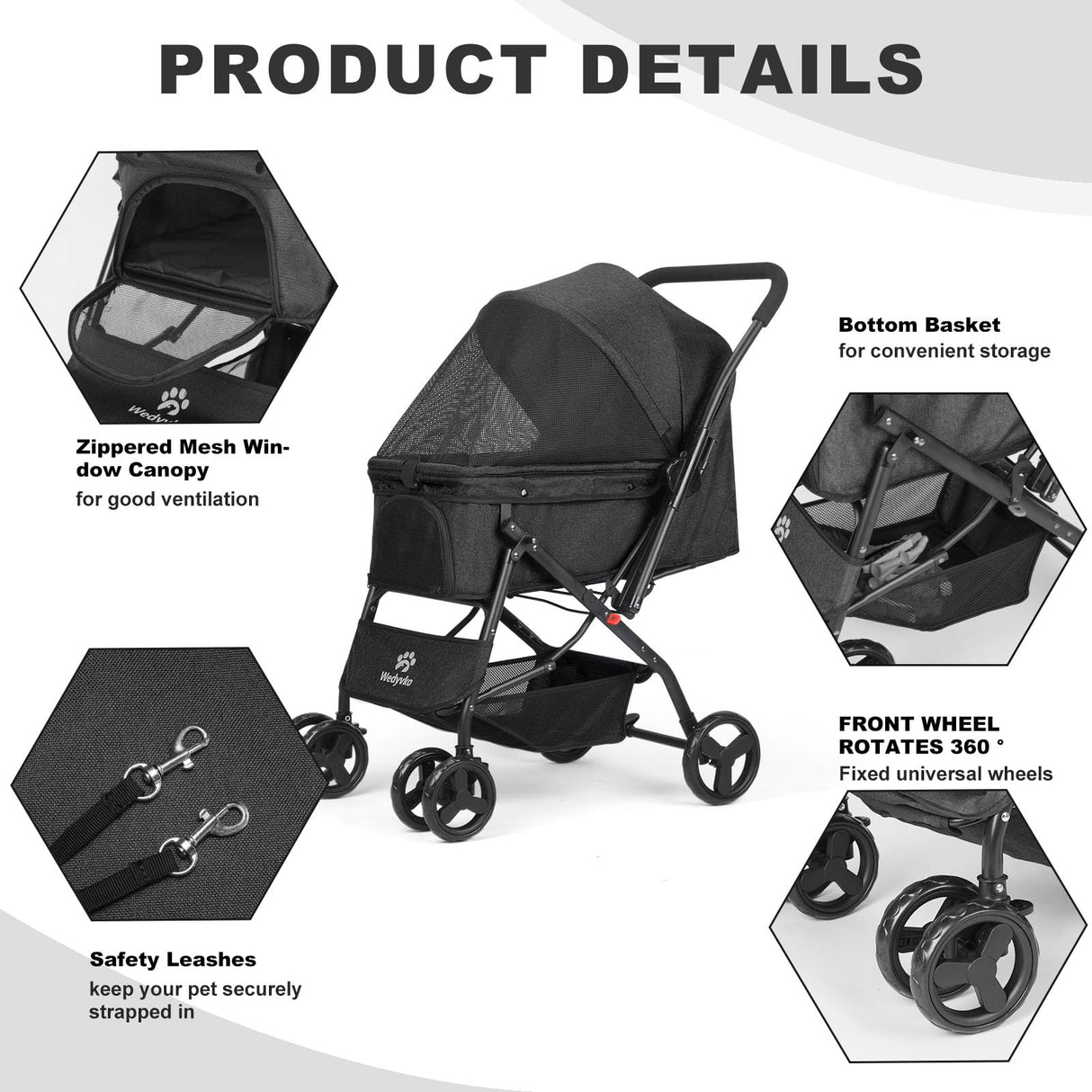 Timati Pet Stroller Dog Strollers for Medium Dogs and Cats with Reversible Handle, 360 Rotating Front Puppy Stroller for Small/Medium Dogs with Mesh Windows 4 Wheels Carts for Outdoor (Black)
