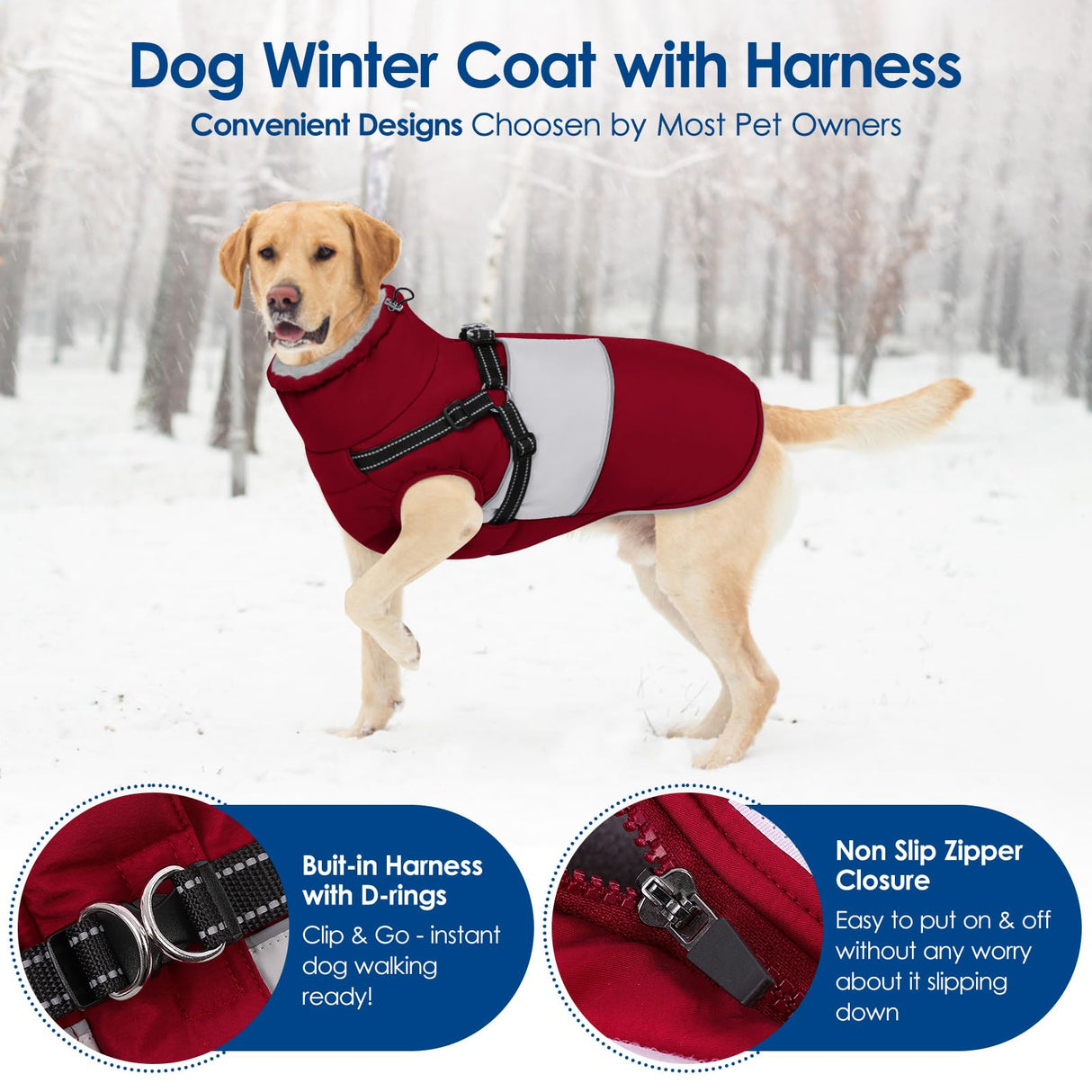 KOESON Dog Coat, Warm Dog Winter Coat for Giant Breeds, Waterproof Dogs Jacket with Harness, Reflective Pet Fleece Lined Puffer Jacket, Turtleneck & Windproof Coats for Great Dane, Golden Retriever