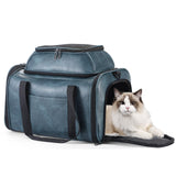 Bosnanller Premium Leather Top Expandable Pet Carrier for Small Dogs & Cats Under 15 lbs, Airline Approved Collapsible Soft-Sided Luxury Travel Bag Blue