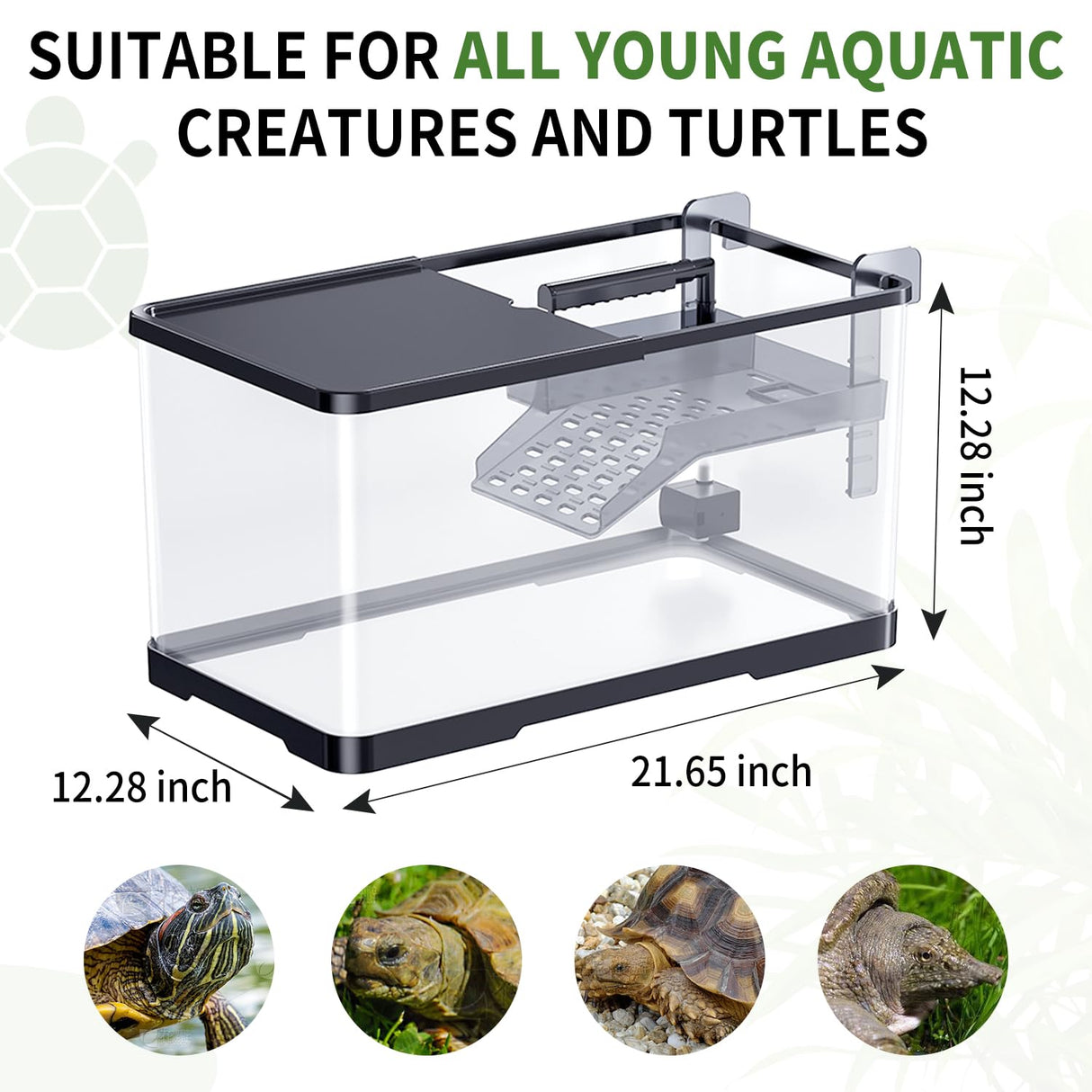 (Tank + Light +Pump + Filter + Filter Balls) Turtle Tank Kit, Turtle Tank Starter Kit,Bottom Drainage, Multi-Function Areas for Turtles, Crabs,Fishes, Amphibians,Reptiles. (21.65 x 12.28 x12.28 Inch)