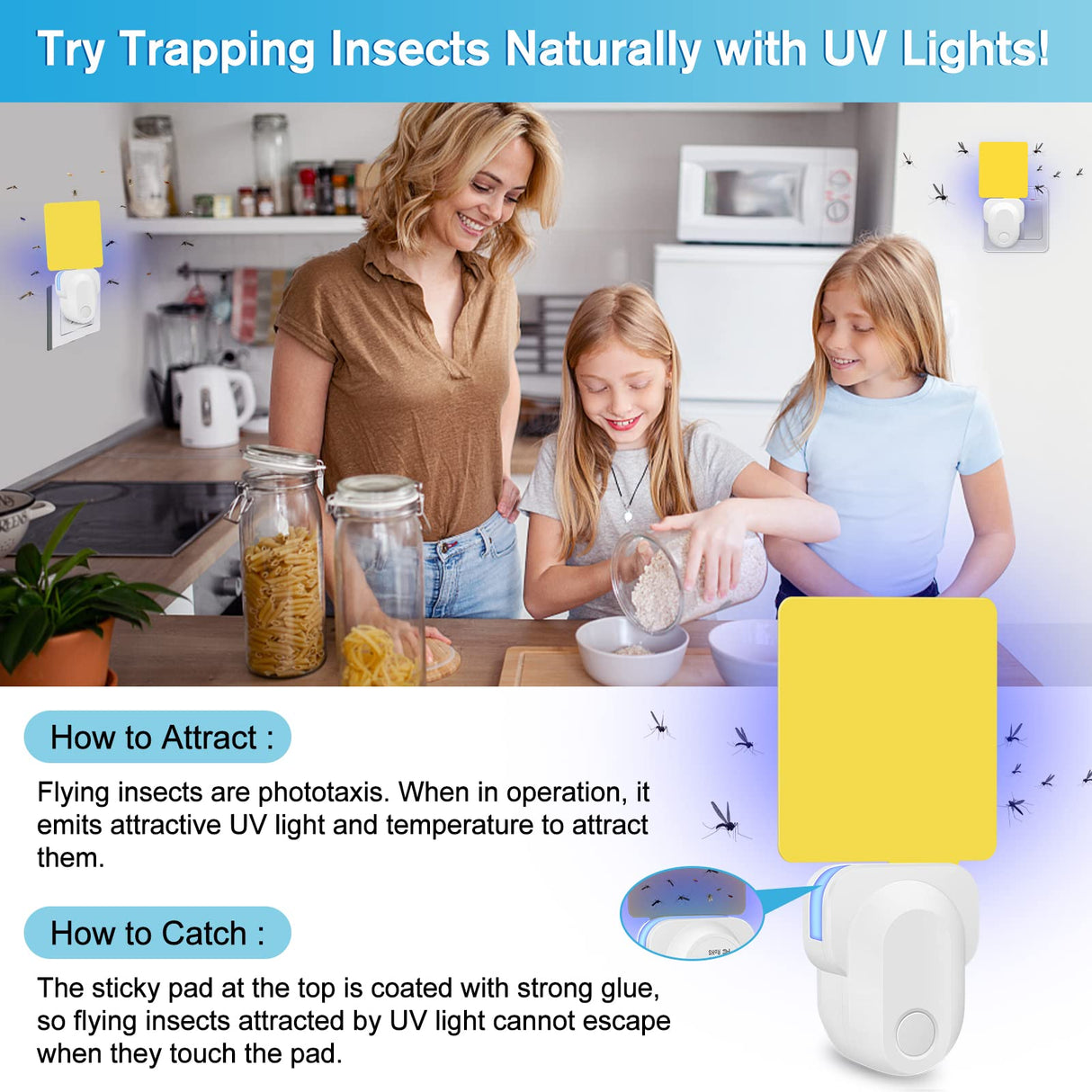Flying Insect Trap, Gnat Traps for House Indoor, Safe Non-Toxic Gnat Killer Fly Catcher UV Light Attractant Blue Bug Light Trap with Sticky Pad for Gnats, Moths, Flies 1Pack(White)