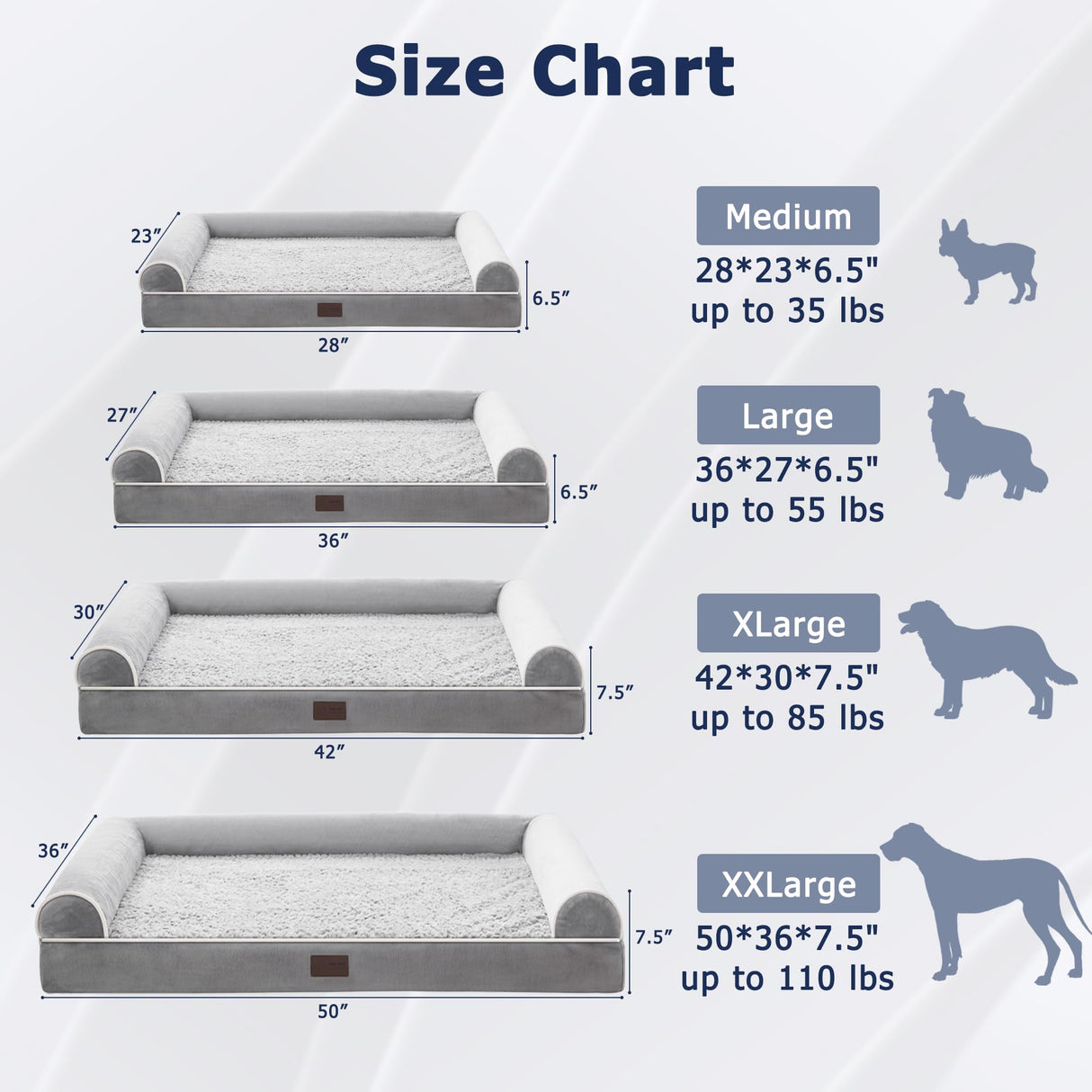 WESTERN HOME Large Dog Bed, Orthopedic Dog Beds with Waterproof Lining, XL Pet Couch with Removable Washable Cover and Nonskid Bottom, Grey