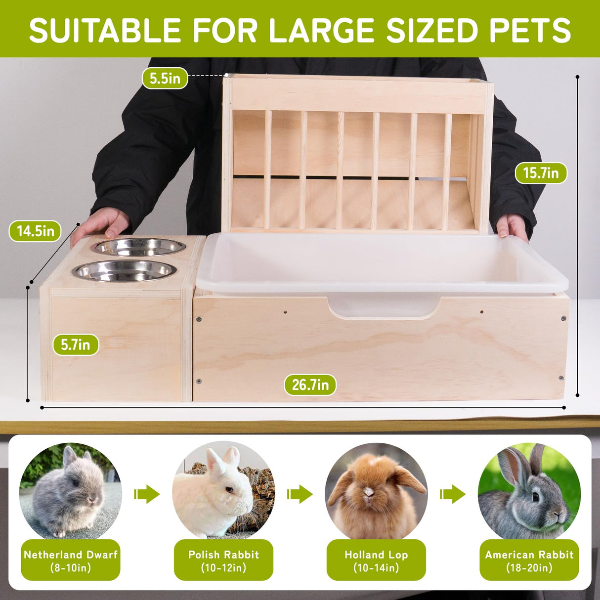 3 in 1 Extra Large Rabbit Hay Feeder with Litter Box, Wooden Bunny Toilet, for Large and Medium-Sized Dwarf Rabbit, Guinea Pig, Chinchillas, Hamster, Ferret, Other Animals