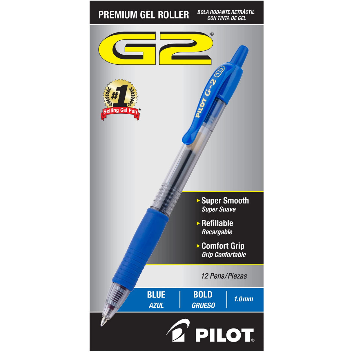 Pilot G2 Premium Gel Roller Pens, Bold Point 1 mm, Blue Ink Pens Bold Point, Pack of 12 - Ideal for School, Journaling, and Office Writing