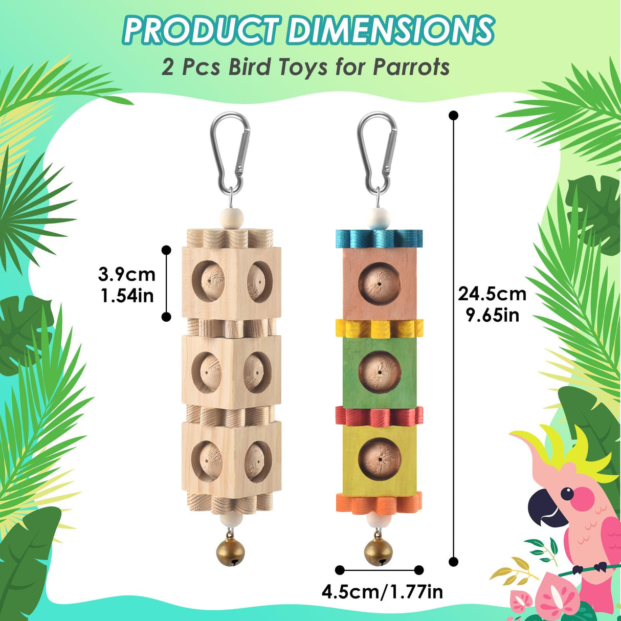 DBNESS 2Pcs Bird Chew Toys for Beak Grinding, Hanging Rotating Wood Block with Bell Parrot Foraging Enrichment Toy for Small to Medium Cocktiel, Conure, Caique