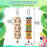 DBNESS 2Pcs Bird Chew Toys for Beak Grinding, Hanging Rotating Wood Block with Bell Parrot Foraging Enrichment Toy for Small to Medium Cocktiel, Conure, Caique