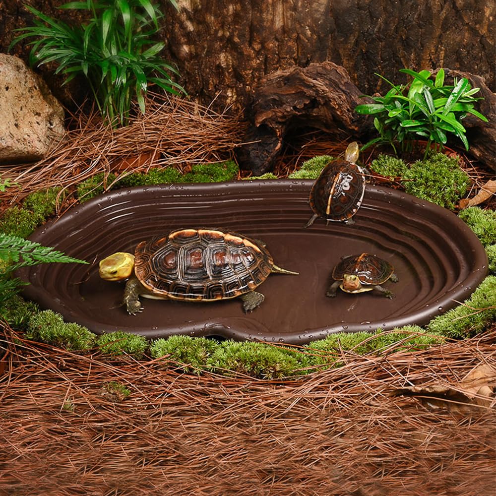 Flushbay Extra Large Reptile Bathing Pool Reptile Feeding Dish Water Bowl with Ramp Aquarium Ornament for Gecko, Snake, Turtle, Bearded Dragon, Lizard Bath(Black)