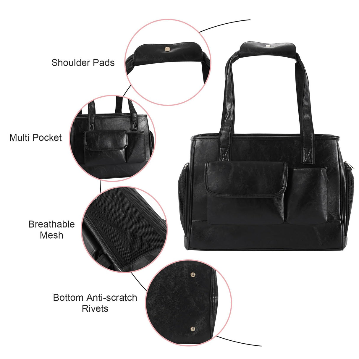 Johomviin Dog Carrier Purse, Fashion Leather Pet Carrier Bag, Airline Approved Soft Sided Cat Travel Tote Bag with Pockets Black