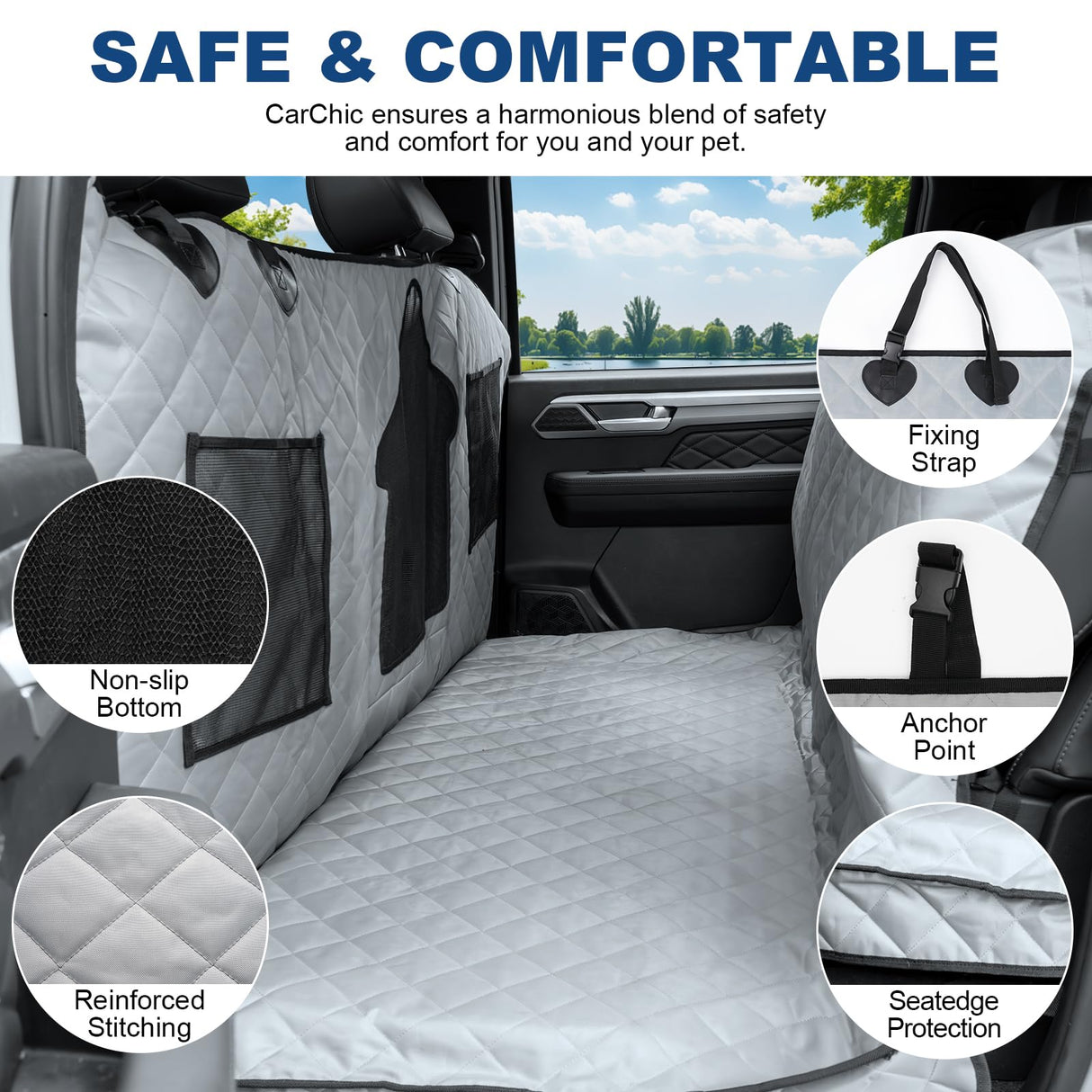 CarChic Dog Car Seat Cover for Back Seat - Waterproof Pet Hammock with Embedded Insert Door Protectors (XLarge for Crew Cab Truck with Fold‑Up Seat)
