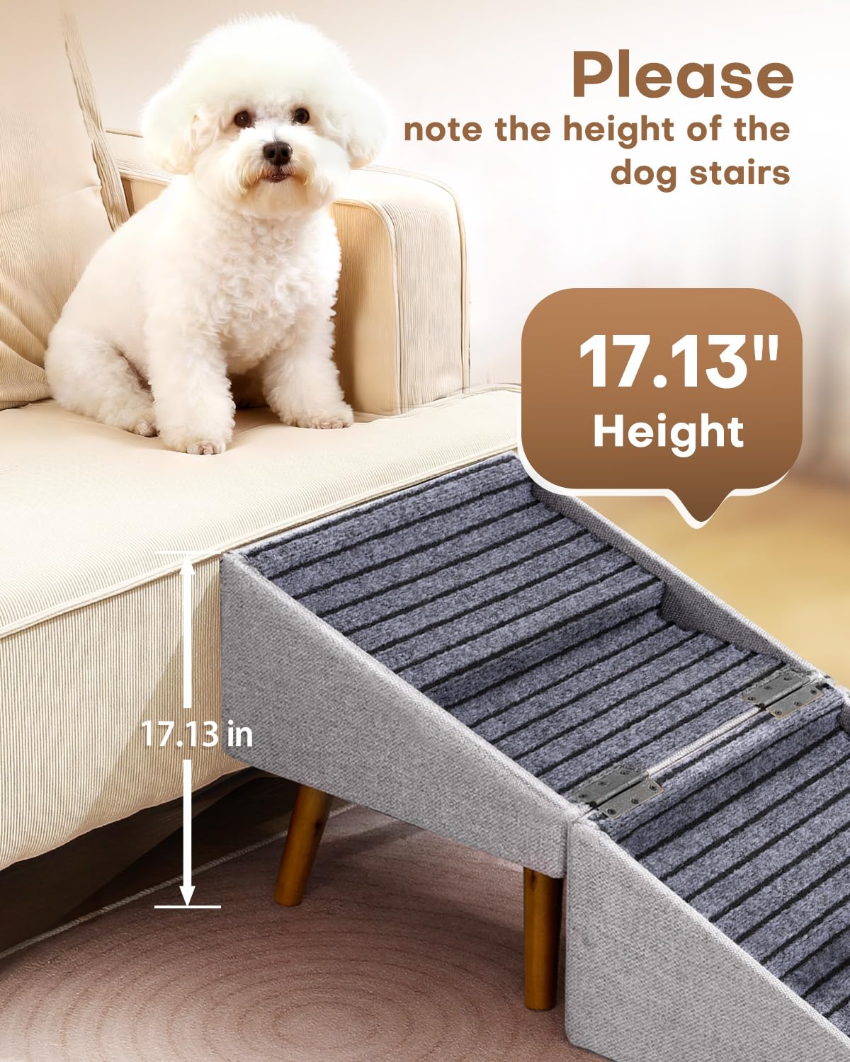 Dog Stairs for Small Dogs 17.13" H, 4-Step Doggie Ramp for Couch Bed Sofa and Chair, Foldable 2 in 1 Wooden Pet Steps for Puppy Medium/Large Dogs and Cats, Split Ottoman Design