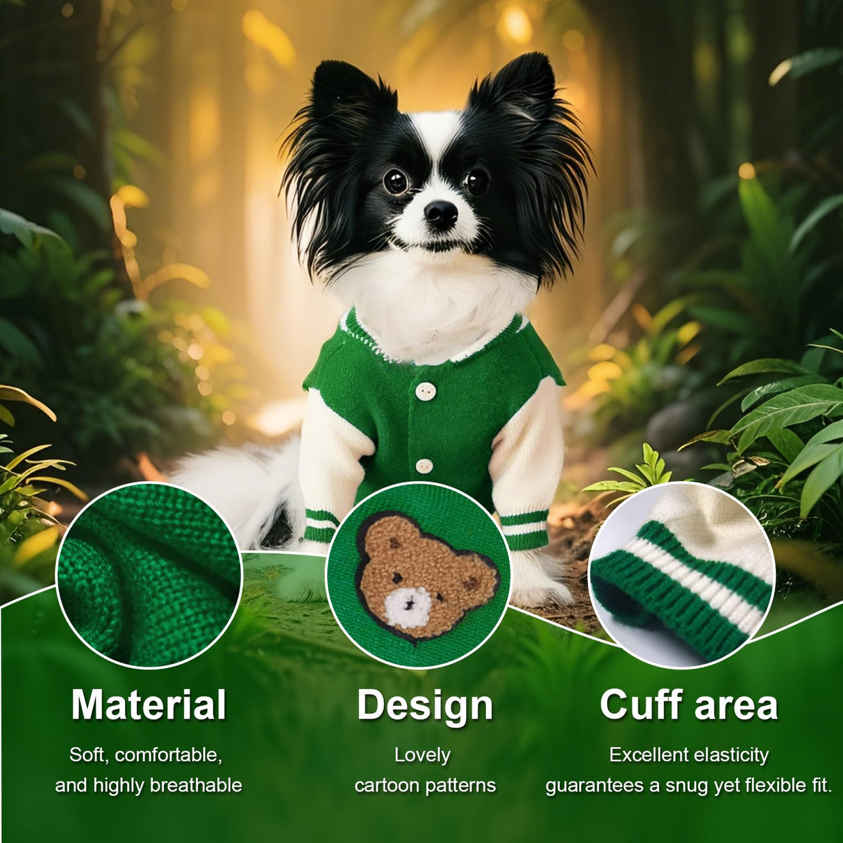Floofelove Christmas Dog Sweaters for Small Dogs, Jacket Cute Warm Dog Clothes Basketball Coat Knitted Bear Design for Puppies(Green,3 to 6lbs,S)