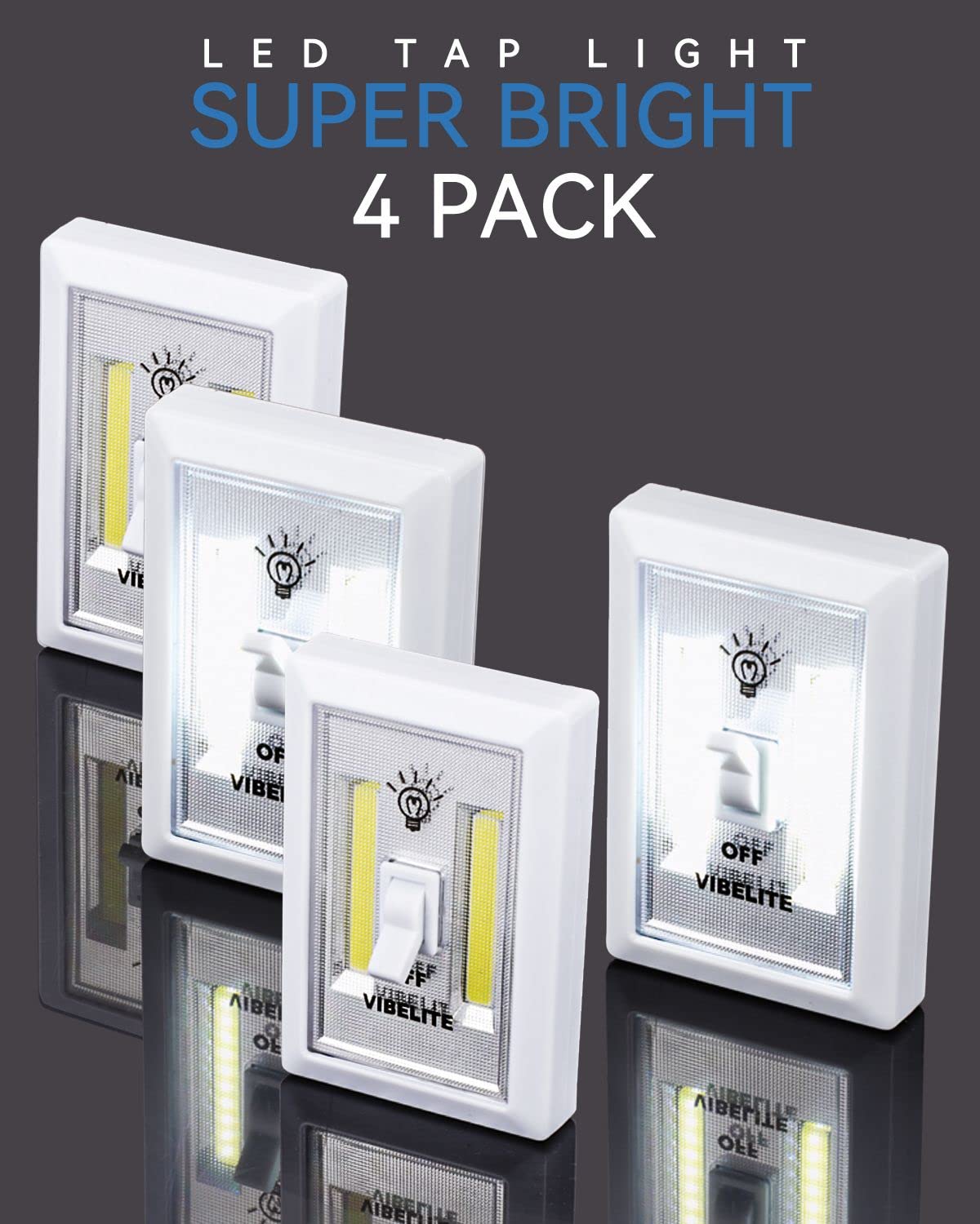 VIBELITE LED Night Light Switch, 12 Total Batteries Included, 200 Lumen Wireless COB LED Switch Light, Under Cabinet, Shelf, Closet, Garage, Kitchen, Stairwell and Emergency, Battery Operated, 4 Pack