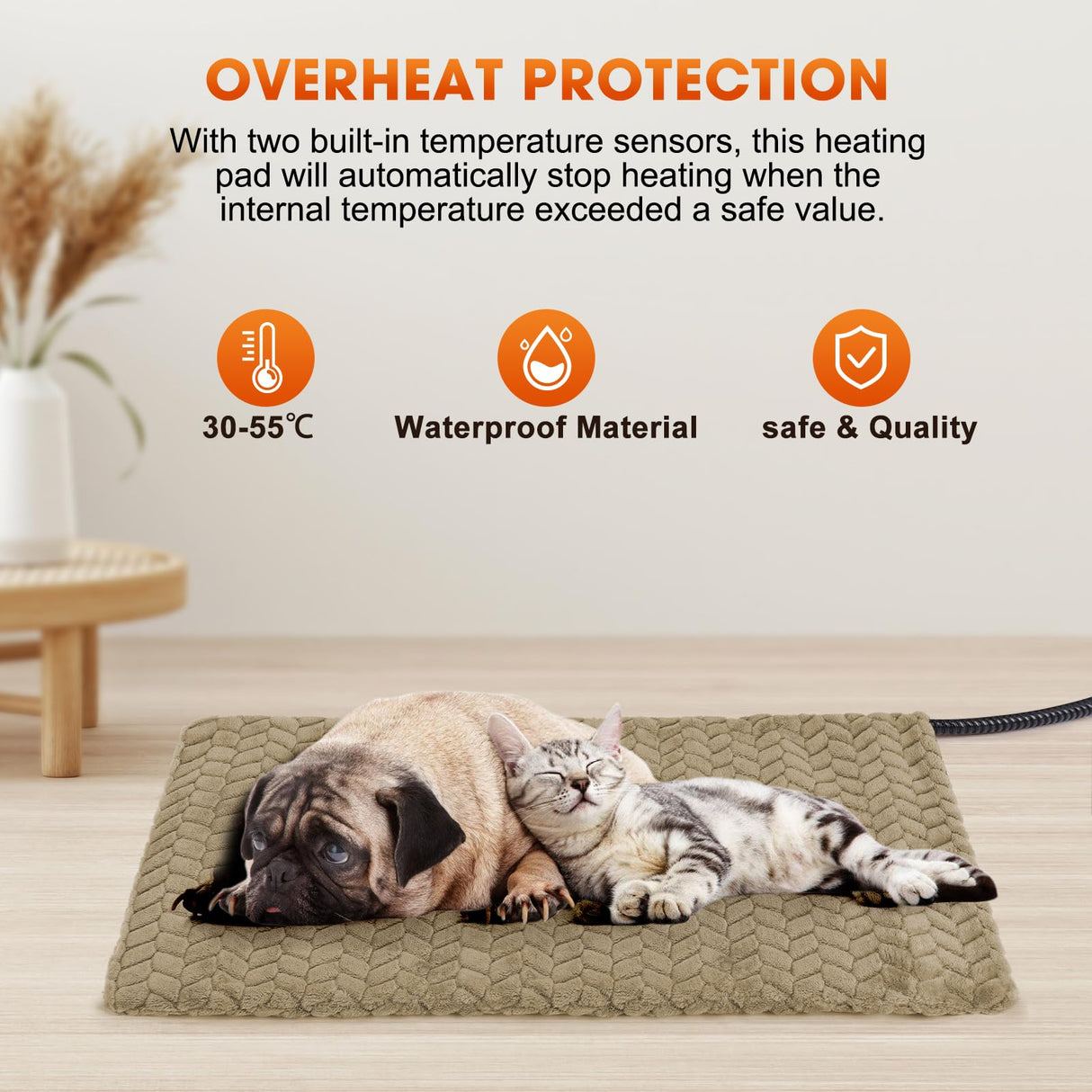 GASUR Heated Cat Bed, Waterproof Cat Heating Pad Indoor w/Timer, Temp Adjustable Pet Heating Pads for Cats Dogs, Auto Power-Off, Cats Warming Bed w/Remove Washable Cover, Anti-Chew,35''x24'', Large