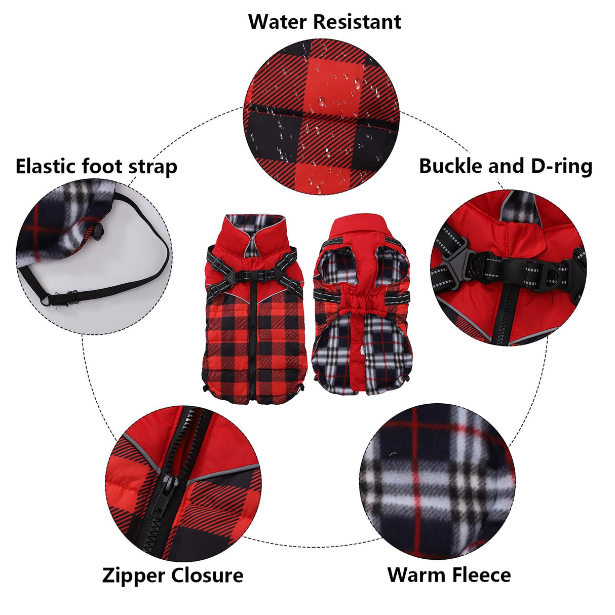 Dog Coat with Harness,Small Dog Winter Coat,Doggie Jackets with Built in Harness,Adjustable Warm Jacket for Medium Large Dogs,Pet Puppy Cold Weather Coats for Dogs Waterproof (PlaidRed, Medium)