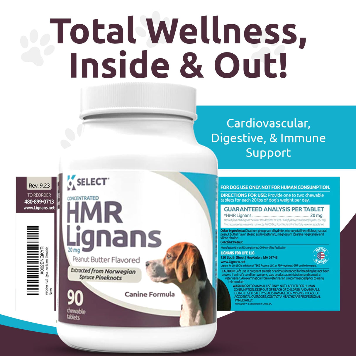 K9 Select HMR Lignans for Dogs - Enhancer for Overall Wellness, Immune Support for Dogs - Norway Spruce Extract Holistic Dog Health - Digestion, & Coat Care - Peanut Butter, 20mg, 90 Tablets